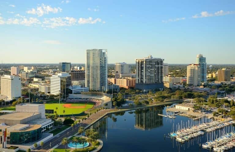 View of docks, a baseball field, and buildings in St Petersburg Florida